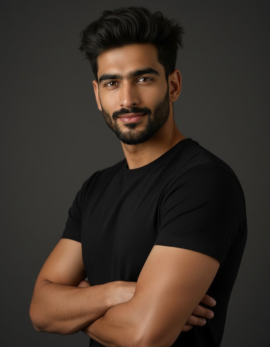Confident Indian man in a black t-shirt, arms crossed